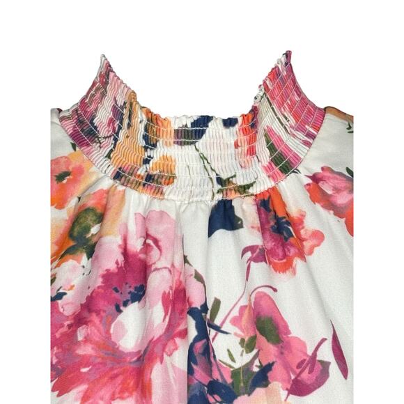 Sam And Jess NWT Tiered Mini Dress Size L White Pink Peach Smocked Sleeveless - Picture 4 of 8